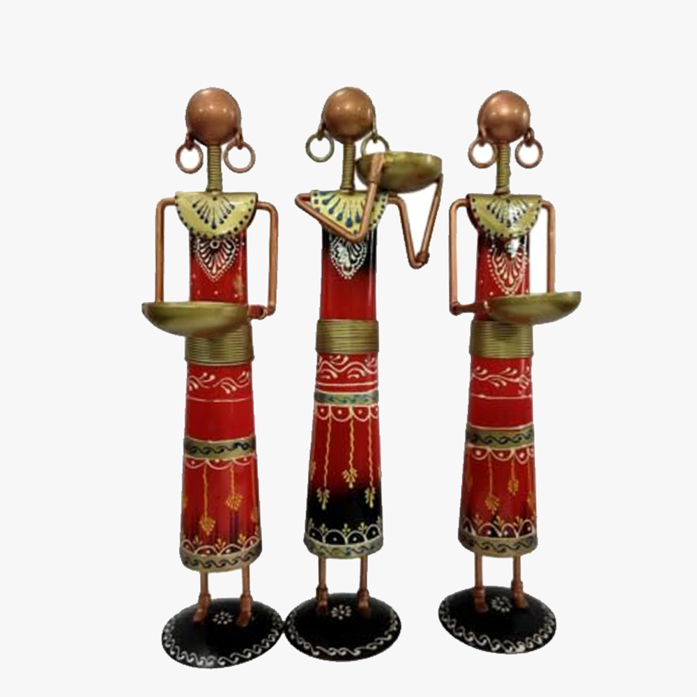 3 Doll Set Red Handicraft Metal Tea Light Candle Holder - Image 3
