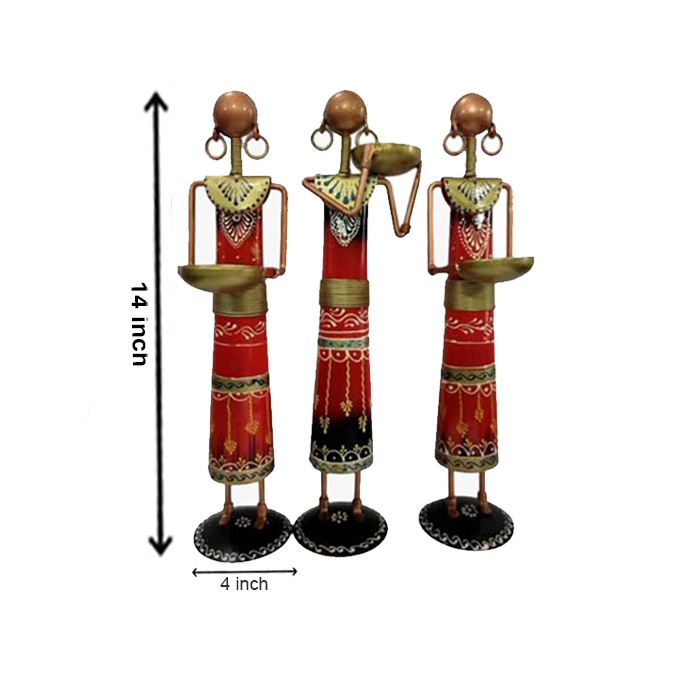 3 Doll Set Red Handicraft Metal Tea Light Candle Holder - Image 4